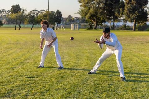 Diverse teammates reaching for cricket ball on suburban field during golden hour