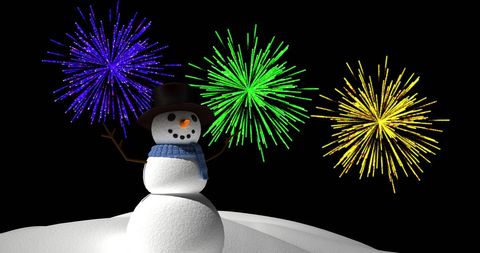 Festive Snowman with Vibrant Holiday Fireworks in Night Sky