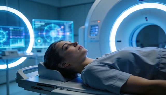 Young woman undergoing mri scan in futuristic neuroimaging suite with glowing scanner ring