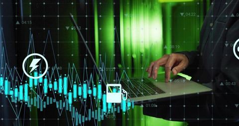 Korean analyst typing on laptop with neon candlestick charts and digital finance overlay