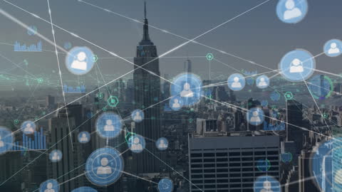 Digital Connections Overlaying Urban Skyline