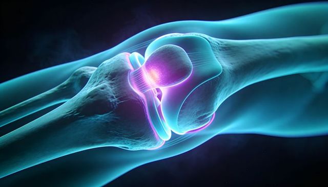 Glowing 3d knee joint anatomy with highlighted femur tibia patella cartilage and meniscus