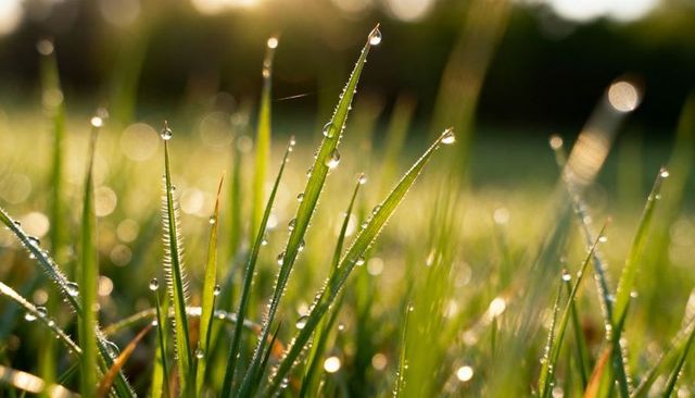 Glistening morning grass blades sparkling with dew and warm bokeh sunlight closeup