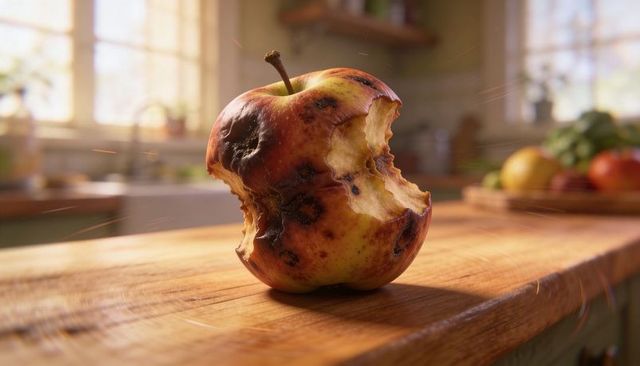 Bitten bruised apple on wooden counter in sunlit kitchen closeup with bokeh