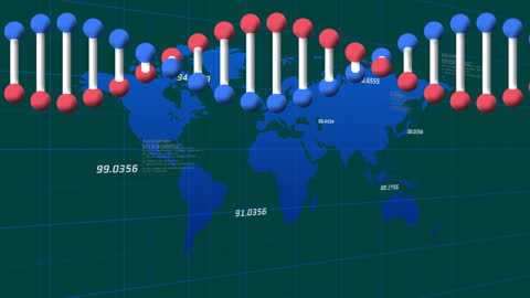 Rotating DNA Helix Over World Map with Data Elements