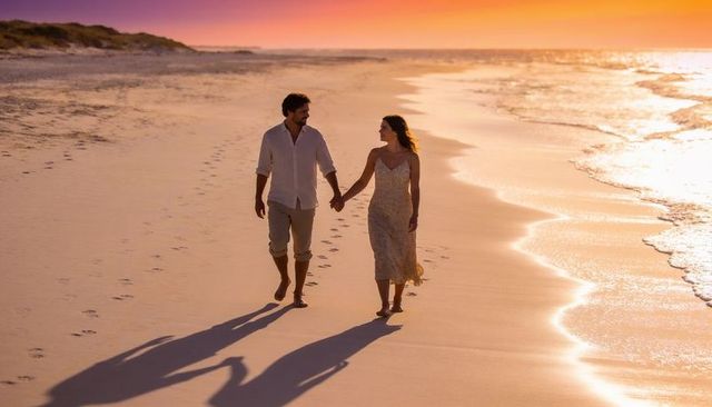 Romantic couple walking barefoot on sunset beach holding hands during golden hour dusk