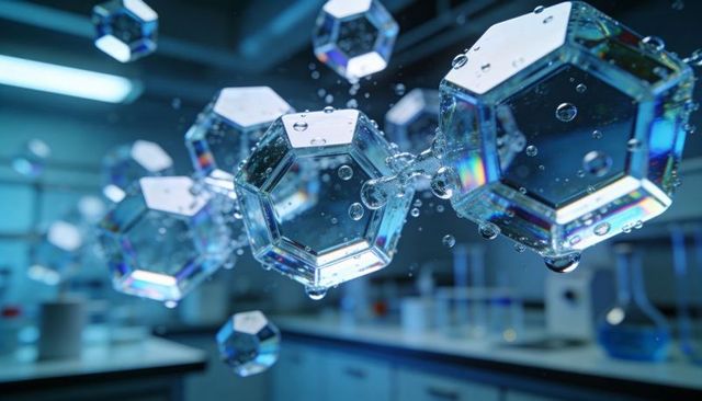 Faceted polyhedral liquid droplets forming bridges and microdrops above research lab bench