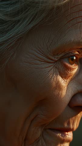 Elderly woman profile soaking golden light, close-up vertical video revealing wrinkles and wisdom