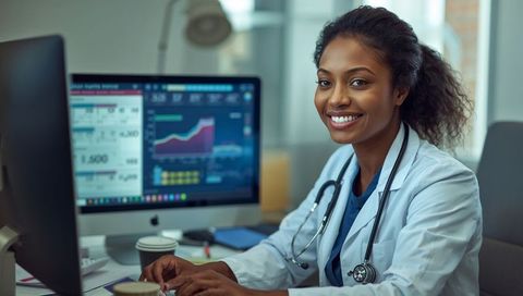 Smiling woman physician typing with medical data dashboard on desktop monitor