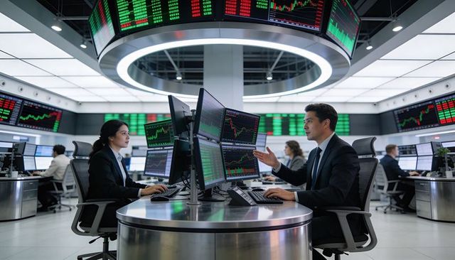 Traders collaborating on multi-screen trading desk under electronic market ticker