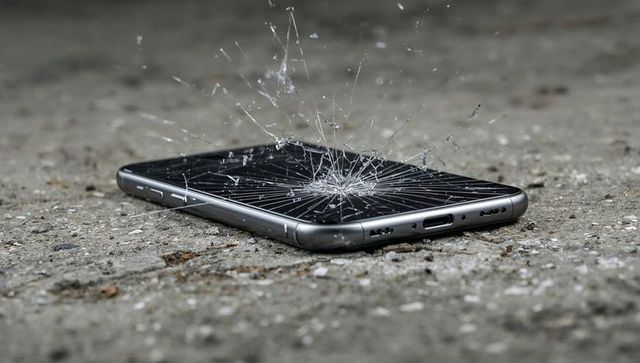 Modern smartphone with shattered screen showing glass shards exploding on concrete
