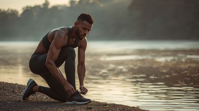 Lakeside Runner Tying Shoes at Sunrise Preparing for Morning Run and Outdoor Training