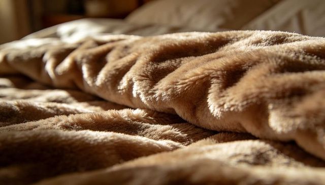 Plush brown faux-fur blanket draping over bed in warm morning light closeup