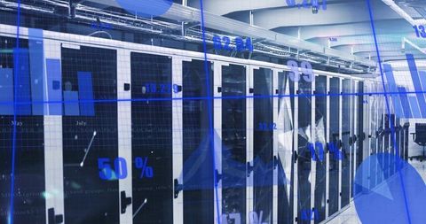 Futuristic server room with data infographic overlays