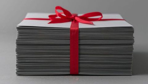 Stacking gray envelopes wrapped with red satin ribbon and bow on minimal gray surface