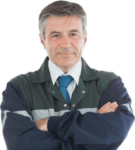 Confident electrician with arms crossed on white transparent background