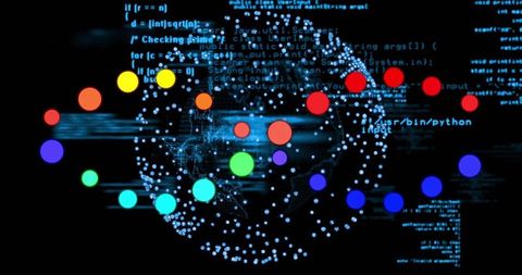 Pulsing digital globe with color nodes and streaming code for AI network visualization