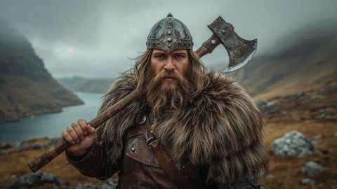 Bearded viking warrior gripping battle axe in misty mountain landscape