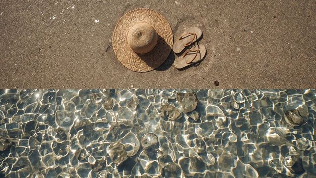 Straw Sun Hat and Flip-Flops on Coastal Sunlit Shoreline
