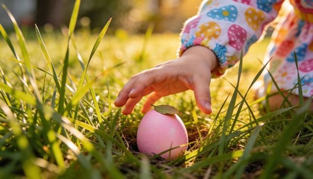 Toddler reaching pastel easter egg nestled in sunlit grass during golden hour close-up