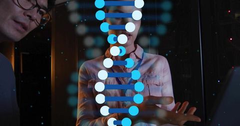 Biomedical researchers collaborating over holographic dna helix visualization on touchscreen