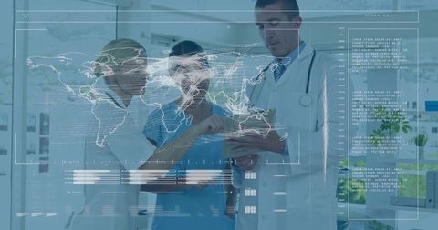 Healthcare professionals analyzing data on digital world map