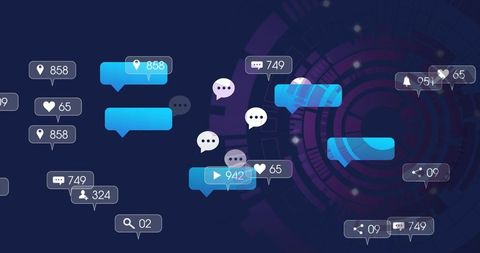 Social media notifications dashboard with floating chat bubbles, badges and analytics hud