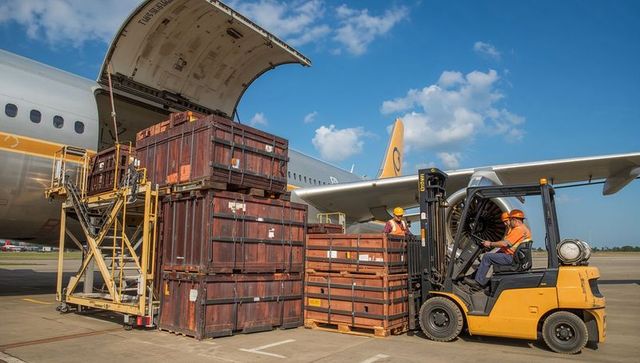 Forklift loading wooden cargo crates onto aircraft cargo loader at airport apron
