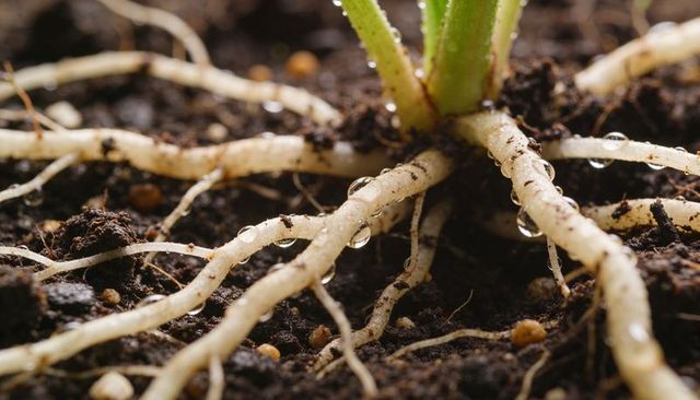Revealing plant roots and water droplets on dark soil with root hairs and nutrient beads