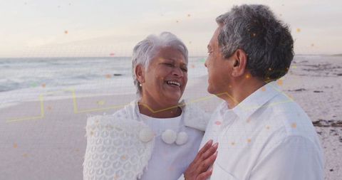 Joyful Senior Couple Relaxing on Scenic Beach at Sunset