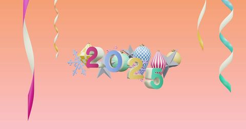Colorful 2025 New Year's Festive Decorations on Pink Gradient