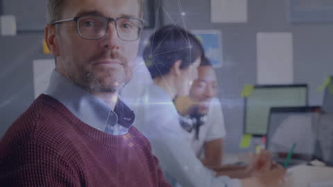 Businessman in Modern Office with Digital Network Connections
