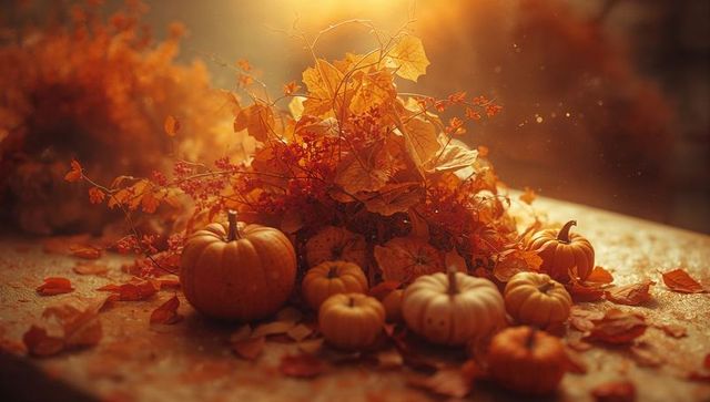 Cozy autumn harvest: pumpkins, leaves and berries in magical glow