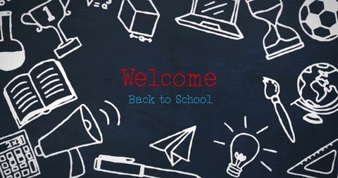 Chalkboard back to school welcome with hand-drawn educational doodles and icons
