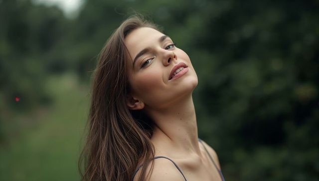 Tilting young woman displaying exposed neck and collarbone in serene woodland portrait
