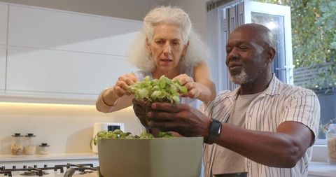 Diverse mature couple engaging in indoor gardening at home