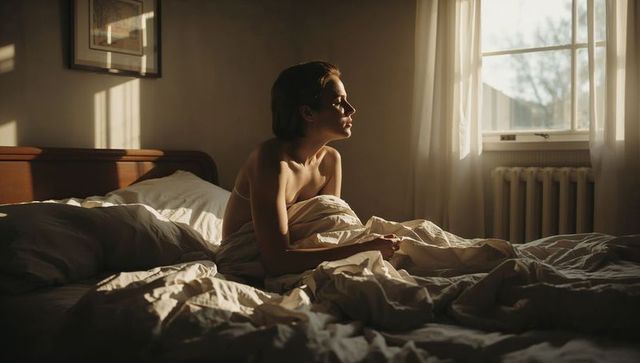 Woman sitting on bed wrapped in sheets facing window morning light intimate moment