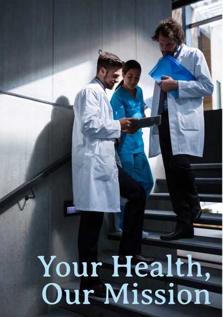 Team of medical professionals including a doctor and a nurse are reviewing documents in a hospital stairwell. The text 'Your Health, Our Mission' emphasizes the healthcare slogan. Perfect for use in healthcare promotional materials, hospital websites, medical presentations, and health-related campaign brochures.