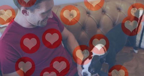 Man Petting Dog on Cozy Leather Sofa with Heart Overlays