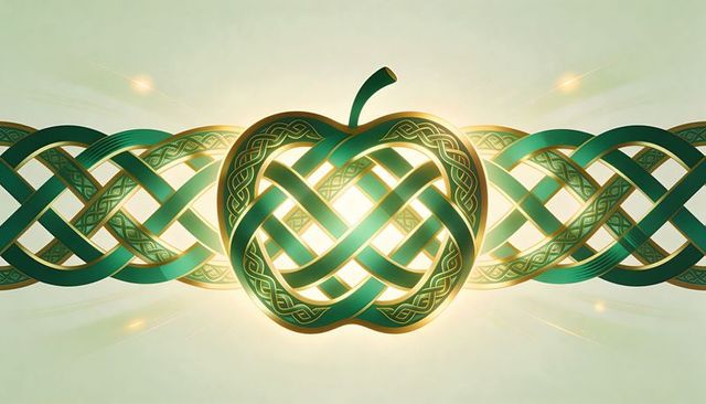 Glowing celtic knot apple ornament in green and gold with braided band and radiant glow