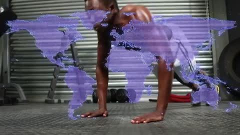 Athlete performing pushup set with holographic world map overlay for global fitness training