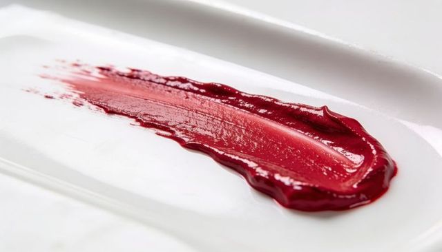 Glossy crimson lipstick smear spreading on white ceramic tray close-up texture