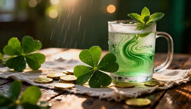 St patrick's day sparkling green cocktail with shamrock and gold coins on rustic table