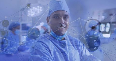Hispanic Surgeon in Operating Room with Network Technology Overlay