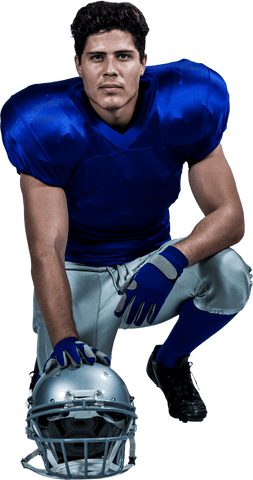 Transparent kneeling american football player in blue uniform