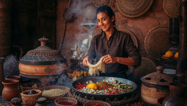 Smiling market cook preparing aromatic rice and colorful spice mix at rustic bazaar stall