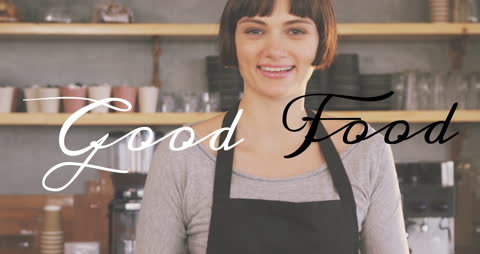 Smiling Female Chef with Good Food Text in Kitchen Backdrop