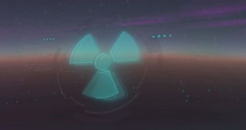 Holographic Radiation Trefoil HUD Floating Over Neon Horizon with Binary Data Overlay