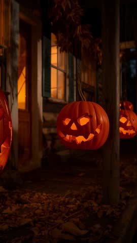 Swinging Jack-o'-lanterns on Rustic Porch - Vertical Halloween Loop for Reels and Stories