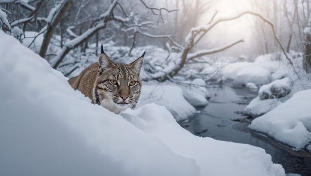 Crouching eurasian lynx watching creek from deep snowbank in sunlit winter forest